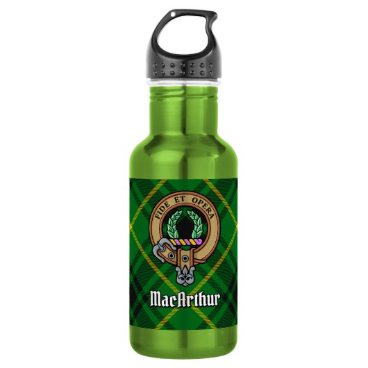 Clan MacArthur Wappen über Tartan Edelstahlflasche (Vorderseite)