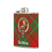 Clan MacAulay Wappen über Tartan Flachmann (Links)