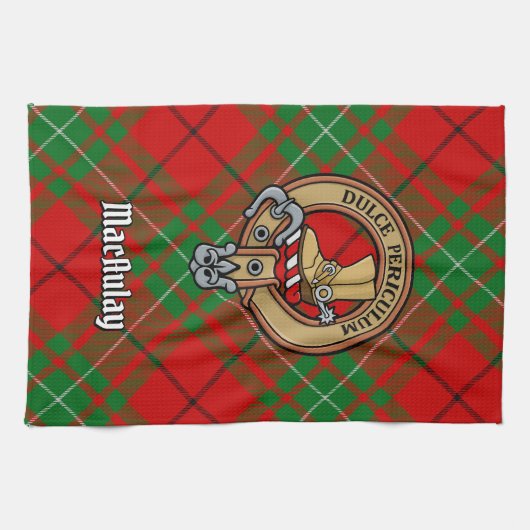 Clan MacAulay Wappen über Tartan Küchentuch (Horizontal)