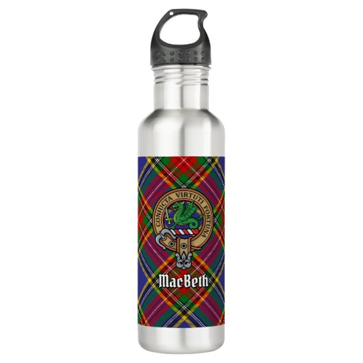Clan MacBeth Wappen über Tartan Edelstahlflasche (Vorderseite)