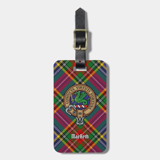 Clan MacBeth Wappen über Tartan Gepäckanhänger (Vorderseite vertikal)