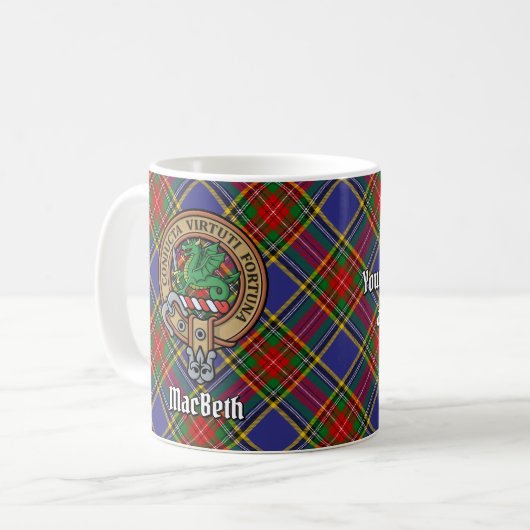 Clan MacBeth Wappen über Tartan Kaffeetasse (Vorderseite Links)