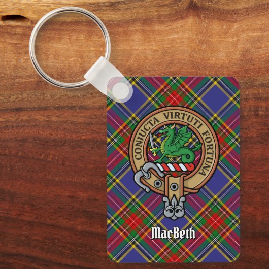 Clan MacBeth Wappen über Tartan Schlüsselanhänger (Vorderseite)