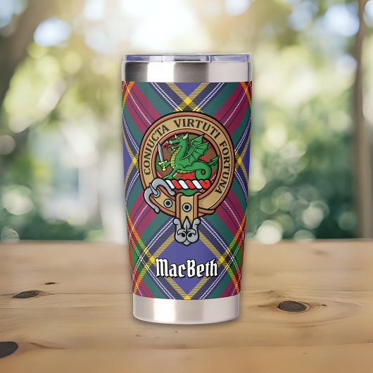 Clan MacBeth Wappen über Tartan Thermobecher