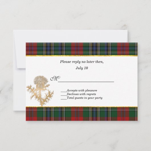 Clan MacClain Tartan Thistle Wedding RSVP Karte (Vorderseite)