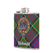 Clan MacDonald von Clanranald Wappen über Tartan Flachmann (Links)