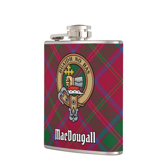 Clan MacDougall Wappen über Tartan Flachmann (Links)