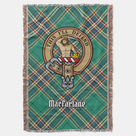Clan MacFarlane Wappen über altem Jagdtartan Decke (Vorderseite Vertikal)