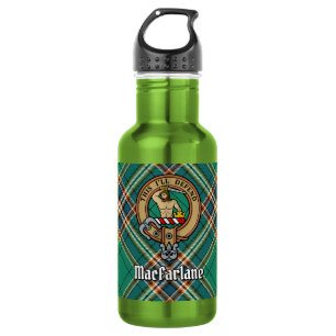 Clan MacFarlane Wappen über altem Jagdtartan Edelstahlflasche