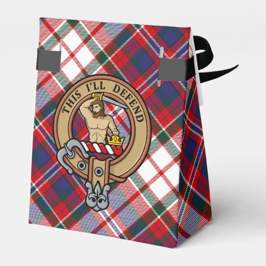 Clan MacFarlane Wappen über Dress Tartan Geschenkschachtel (Rückseite)