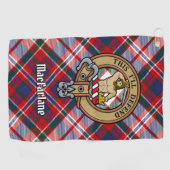 Clan MacFarlane Wappen über Dress Tartan Golfhandtuch (Horizontal)