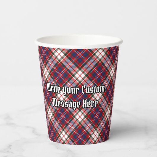 Clan MacFarlane Wappen über Dress Tartan Pappbecher (Rückseite)