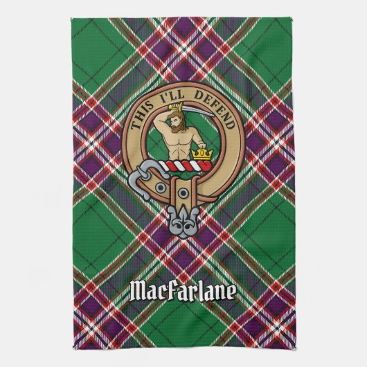 Clan MacFarlane Wappen über Modern Hunting Tartan Geschirrtuch (Vertikal)
