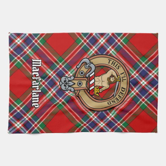 Clan MacFarlane Wappen über Red Tartan Geschirrtuch (Horizontal)