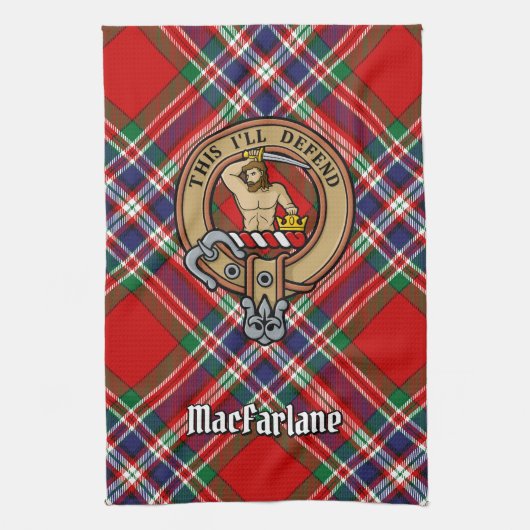 Clan MacFarlane Wappen über Red Tartan Geschirrtuch (Vertikal)