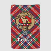 Clan MacFarlane Wappen über Red Tartan Golfhandtuch (Vorderseite)