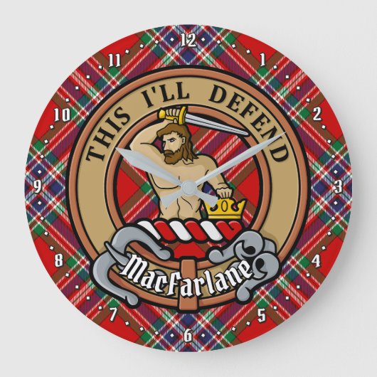 Clan MacFarlane Wappen über Red Tartan Große Wanduhr (Vorderseite)