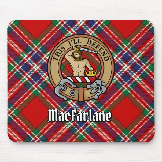 Clan MacFarlane Wappen über Red Tartan Mousepad (Vorne)