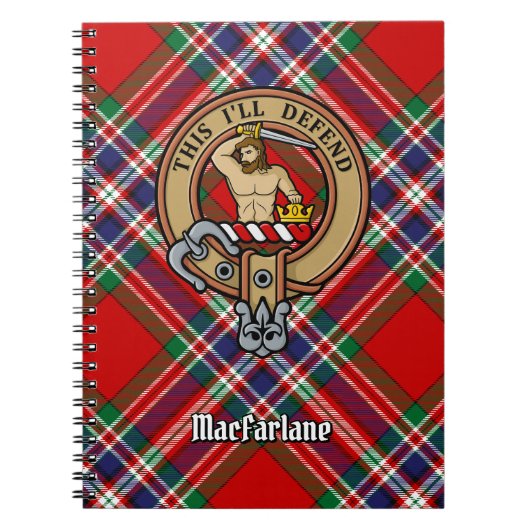 Clan MacFarlane Wappen über Red Tartan Notizblock (Vorderseite)