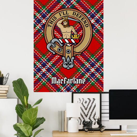 Clan MacFarlane Wappen über Red Tartan Poster (Heimbüro)