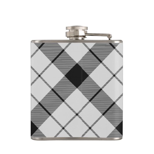 Clan MacFarlane Wappen über Schwarz-Weiß-Tartan Flachmann (Rückseite)