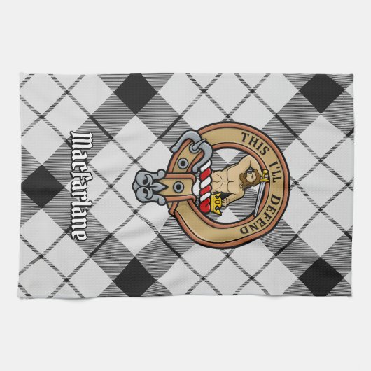 Clan MacFarlane Wappen über Schwarz-Weiß-Tartan Geschirrtuch (Horizontal)