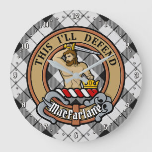 Clan MacFarlane Wappen über Schwarz-Weiß-Tartan Große Wanduhr