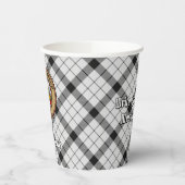 Clan MacFarlane Wappen über Schwarz-Weiß-Tartan Pappbecher (Links)
