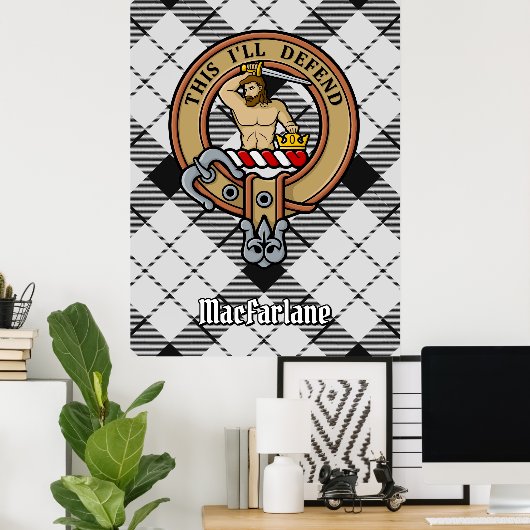 Clan MacFarlane Wappen über Schwarz-Weiß-Tartan Poster (Heimbüro)