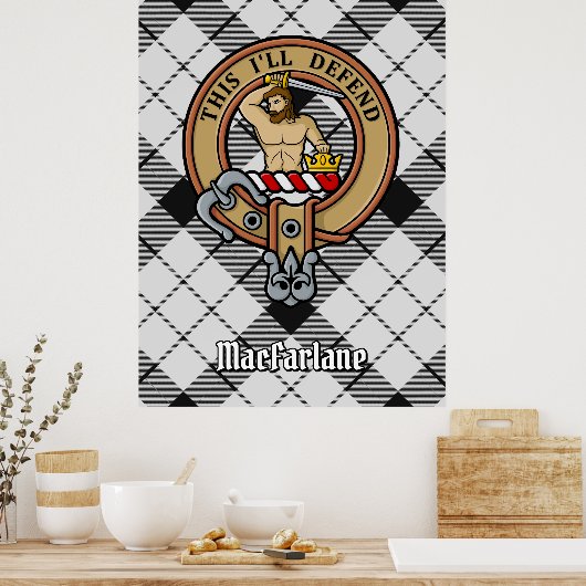 Clan MacFarlane Wappen über Schwarz-Weiß-Tartan Poster (Küche)
