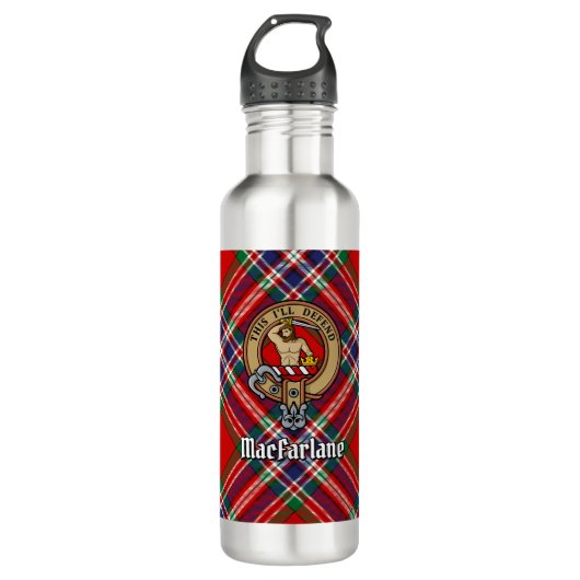 Clan MacFarlane Wappen über Tartan Edelstahlflasche (Vorderseite)