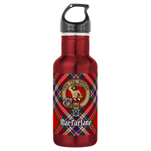Clan MacFarlane Wappen über Tartan Edelstahlflasche (Vorderseite)