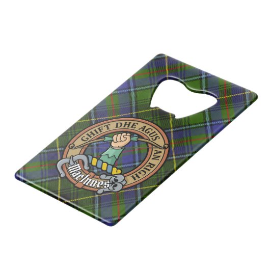 Clan MacInnes Wappen über Tartan Geldbeutel Flaschenöffner (Vorderseite Schrägansicht)