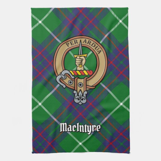 Clan MacIntyre Wappen über Jagd auf Tartan Geschirrtuch (Vertikal)