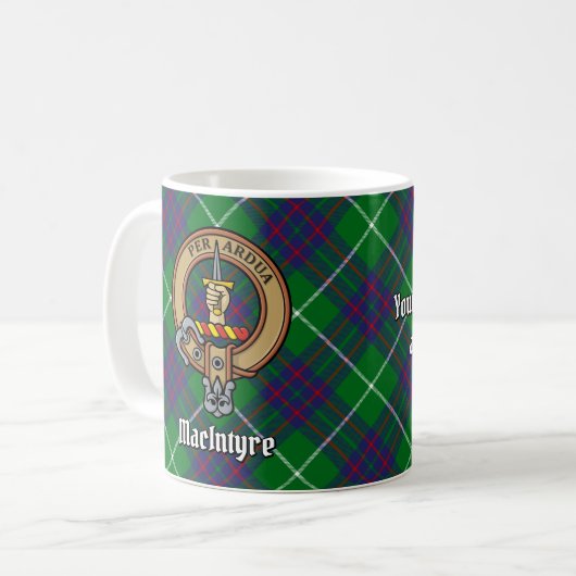 Clan MacIntyre Wappen über Tartan Kaffeetasse (Vorderseite Links)
