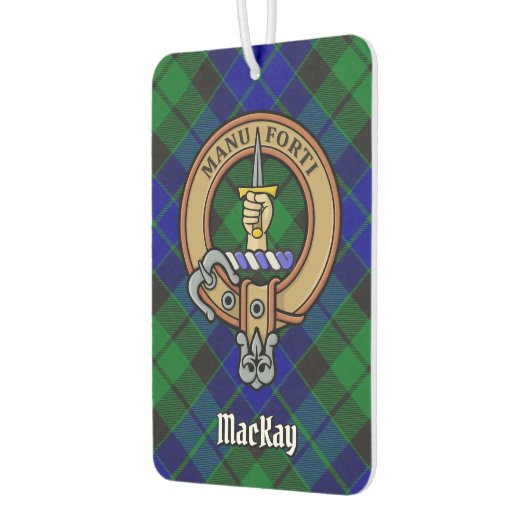Clan MacKay Wappen über Blue Tartan Autolufterfrischer (Links)