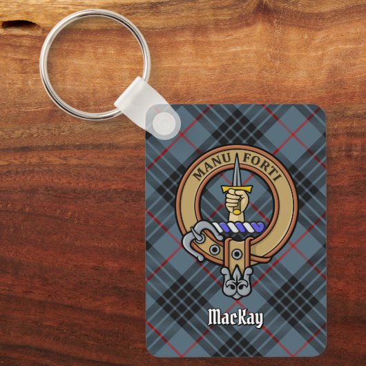Clan MacKay Wappen über Blue Tartan Schlüsselanhänger (Vorderseite)