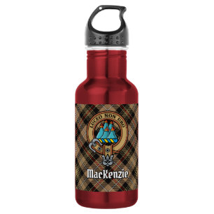 Clan MacKenzie Wappen über braunem Jagdtartan Edelstahlflasche