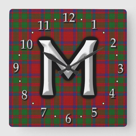 Clan MacKintosh MacIntosh Letter M Monogram Tartan Quadratische Wanduhr (Vorderseite)