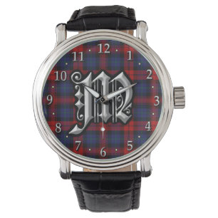 Clan MacLachlan Letter M Monogram Rot Blau Tartan Armbanduhr