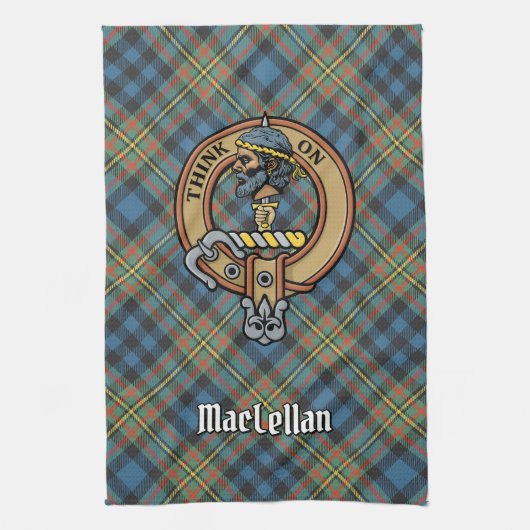 Clan MacLellan Wappen über altem Tartan Geschirrtuch (Vertikal)
