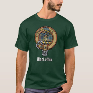 Clan MacLellan-Wappen über altem Tartan T-Shirt