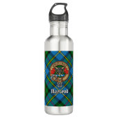 Clan MacLeod Wappen über Jagd Tartan Edelstahlflasche (Vorderseite)