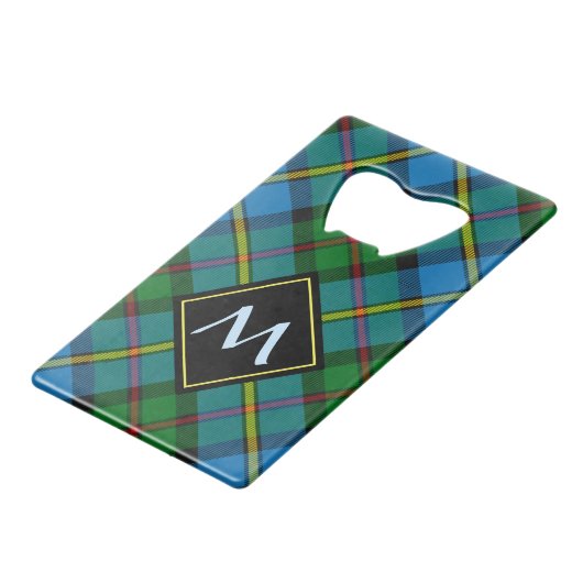 Clan MacLeod Wappen über Jagd Tartan Geldbeutel Flaschenöffner (Vorderseite Schrägansicht)