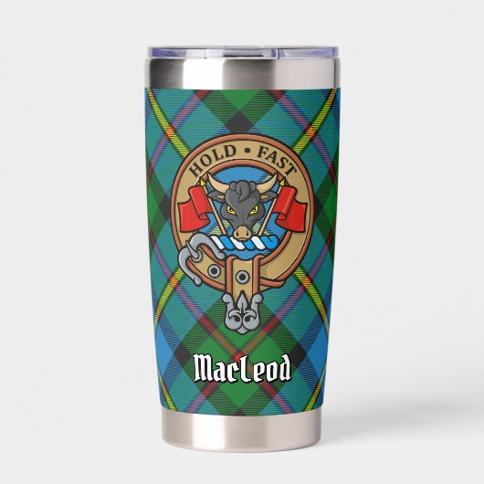 Clan MacLeod Wappen über Jagd Tartan Thermobecher (Vorderseite)