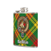 Clan MacMillan Wappen über Tartan Flachmann (Links)
