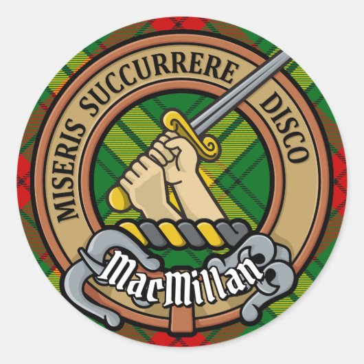 Clan MacMillan Wappen über Tartan Runder Aufkleber (Vorderseite)