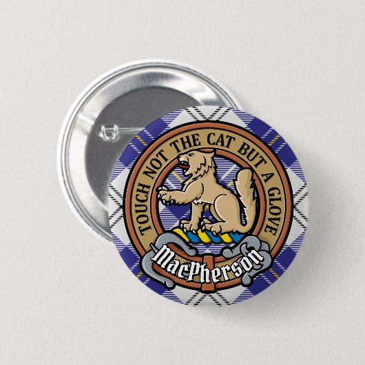 Clan MacPherson Wappen über Blue Dress Tartan Button (Vorne & Hinten)