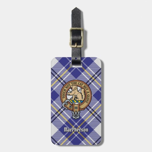 Clan MacPherson Wappen über Blue Dress Tartan Gepäckanhänger (Vorderseite vertikal)