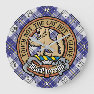 Clan MacPherson Wappen über Blue Dress Tartan Große Wanduhr